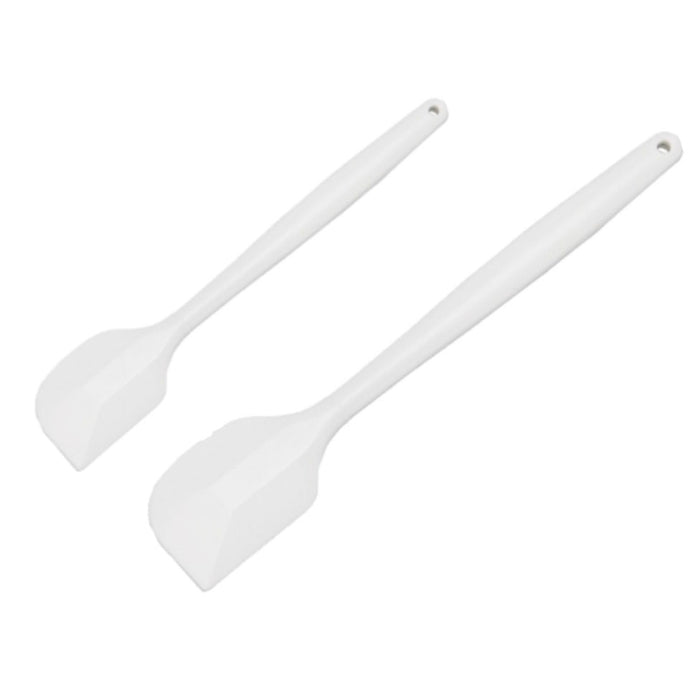 Two Sanneng white heat-resistant silicone spatulas on a white background