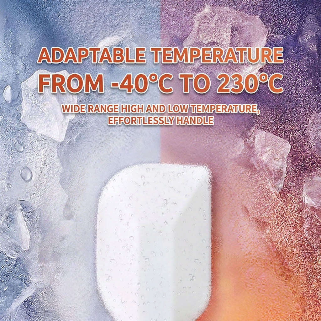 Product with text about adaptable temperature range from -40°C to 230°C against a background of ice and water.