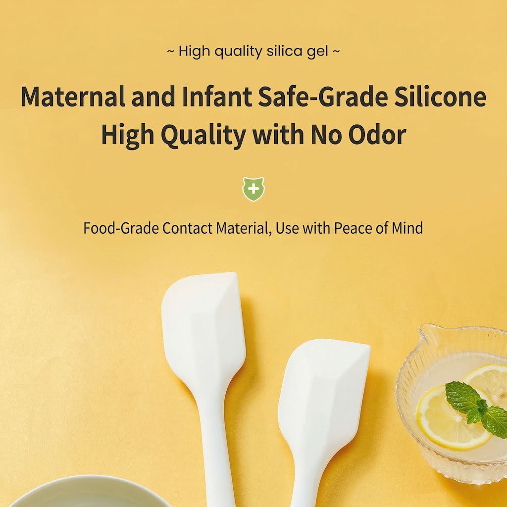 Sanneng white heat-resistant silicone spatula on a yellow background with text about high-quality maternal and infant safe-grade silicone.
