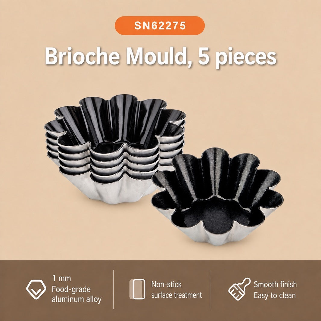 Five black and silver brioche moulds shown on a beige background with product text and feature icons. The text reads 'SN62275 Brioche Mould, 5 pieces' and highlights food-grade aluminum alloy, non-stick surface treatment, and smooth finish.