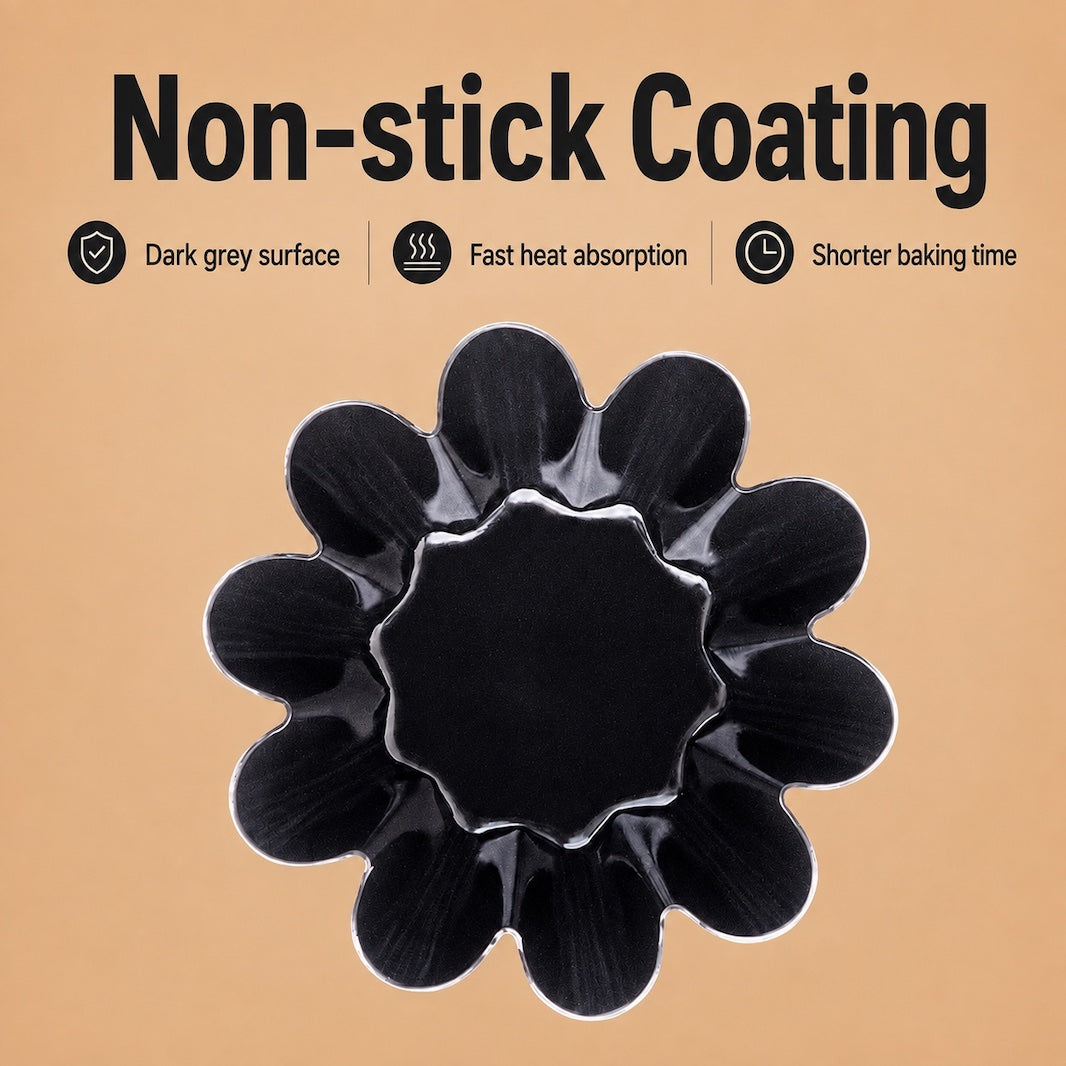 A flower-shaped black non-stick baking pan shown on a warm beige background with promotional text reading 'Non-stick Coating' and feature icons for dark grey surface, fast heat absorption, and shorter baking time.