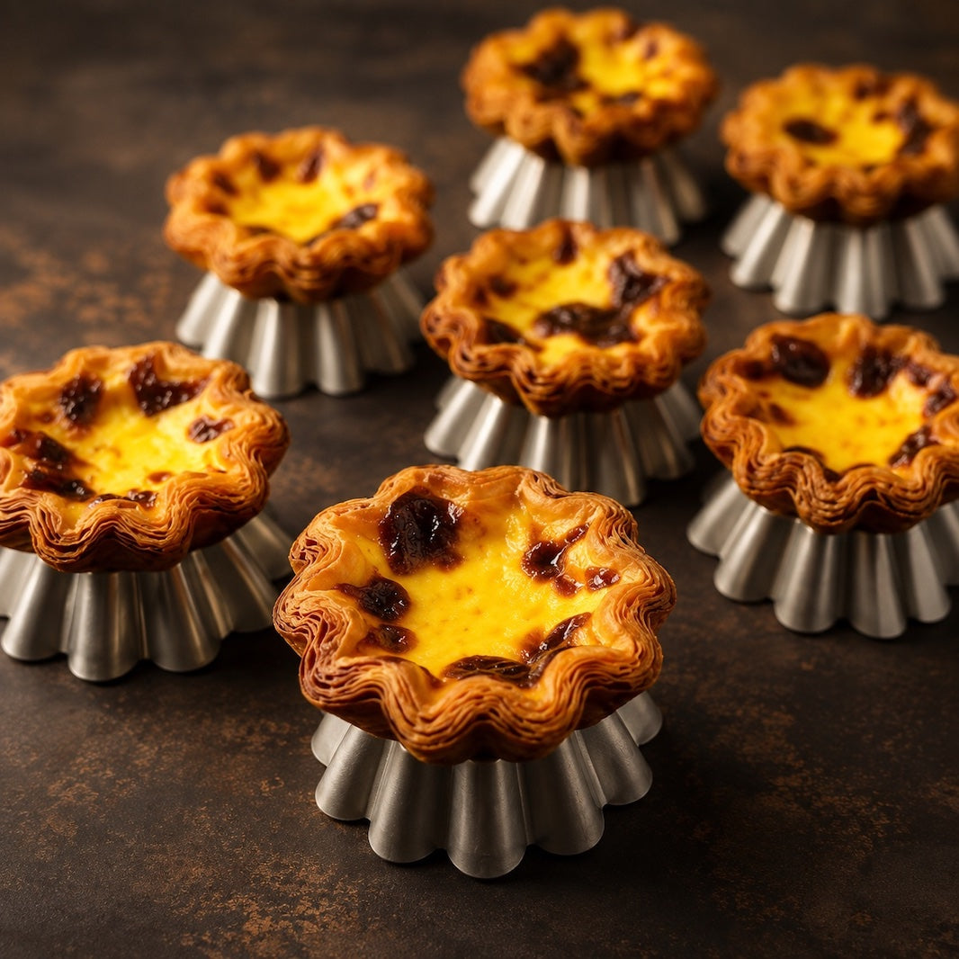 Six mini tart molds filled with baked custard or tart pastry, arranged on a dark rustic surface. The metal tartlets are shown in both filled and empty states to demonstrate use.