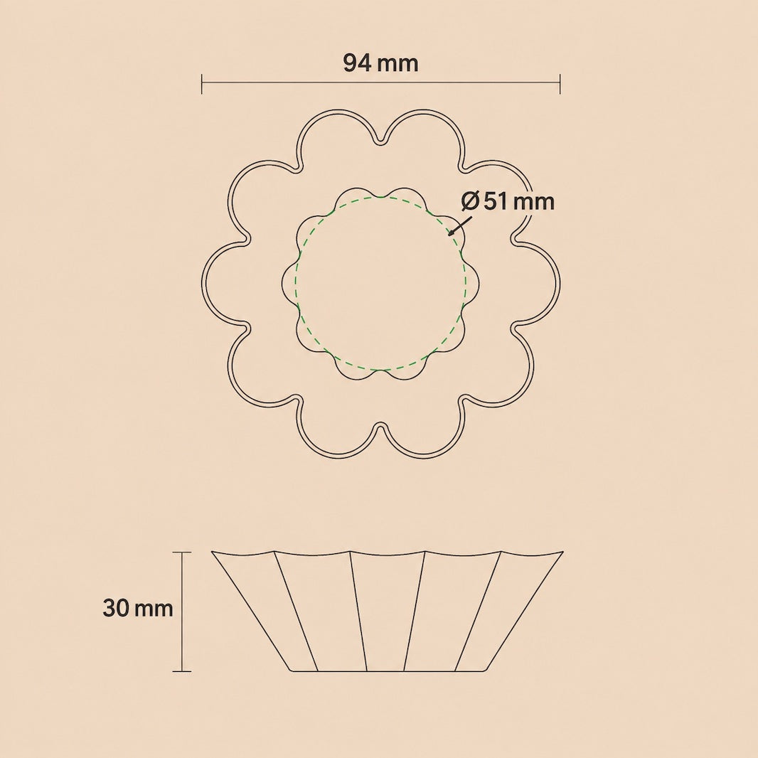 Technical dimension drawing of a scalloped circular baking pan or mold, showing a top view with outer diameter 94 mm, inner diameter 51 mm, and a side profile height of 30 mm on a beige background.