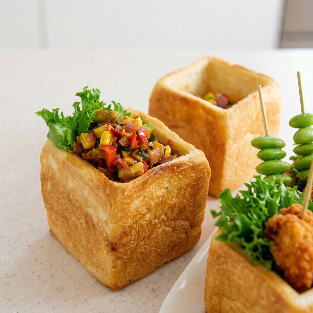 Square bread cubes filled with salad and skewered vegetables on a white surface