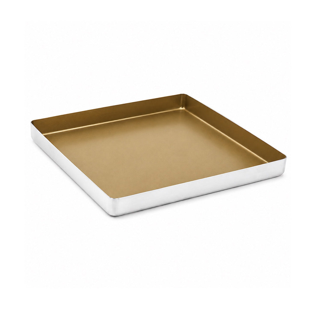 A square Sanneng metal baking pan with a gold-colored non-stick interior and a silver-colored outer rim, shown on a plain white background.