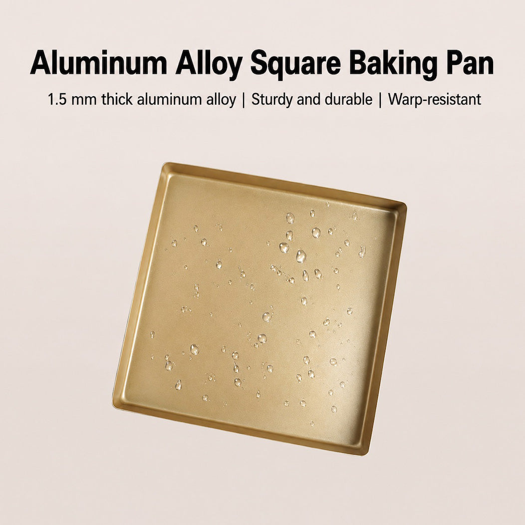 An aluminum square Sanneng baking pan with a brushed gold finish, shown at an angle with water droplets on its surface. Text at the top reads 'Aluminum Alloy Square Baking Pan' with additional product details.