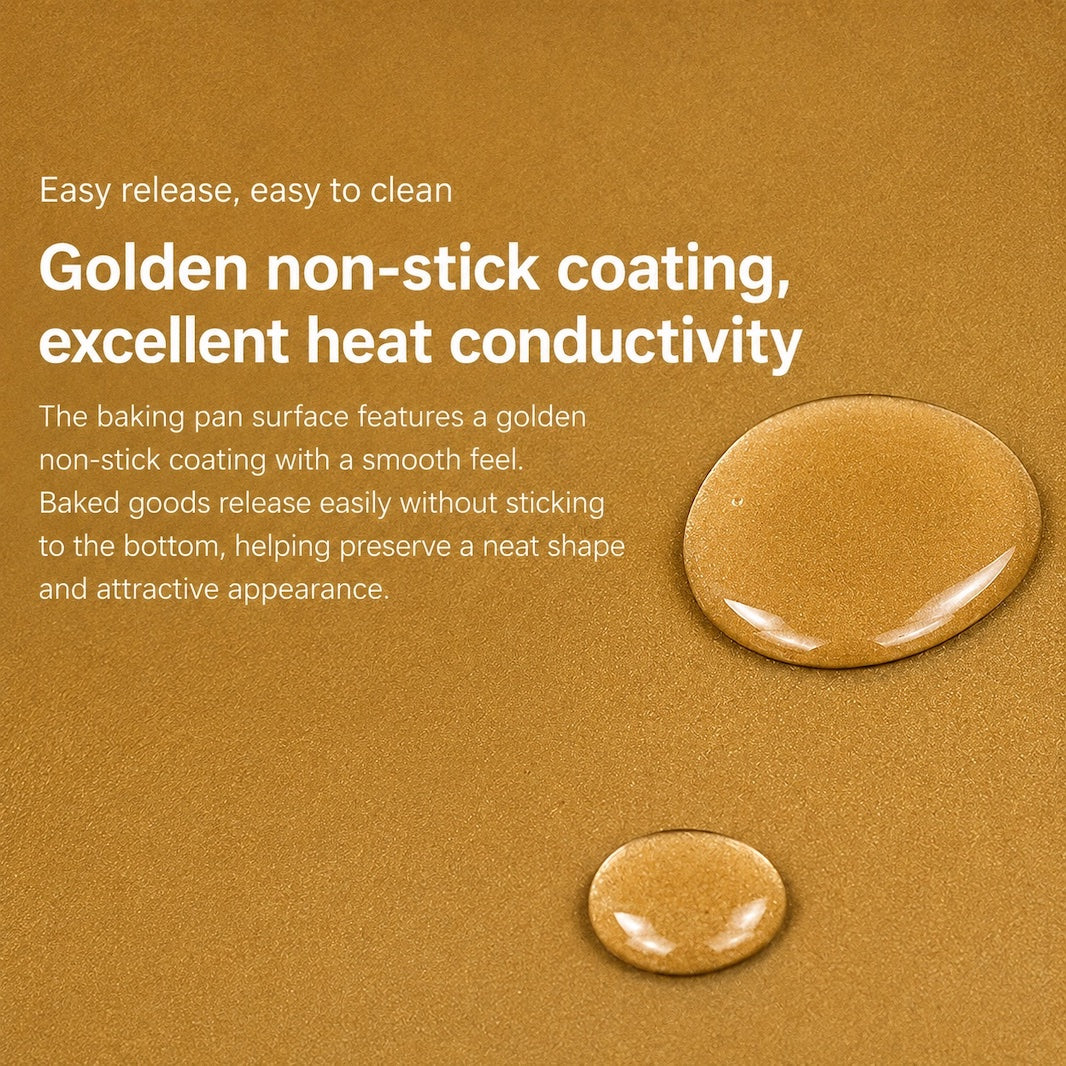 A close-up of a golden-brown non-stick surface with two glossy droplets of oil or syrup and white marketing text describing a golden non-stick coating and excellent heat conductivity.