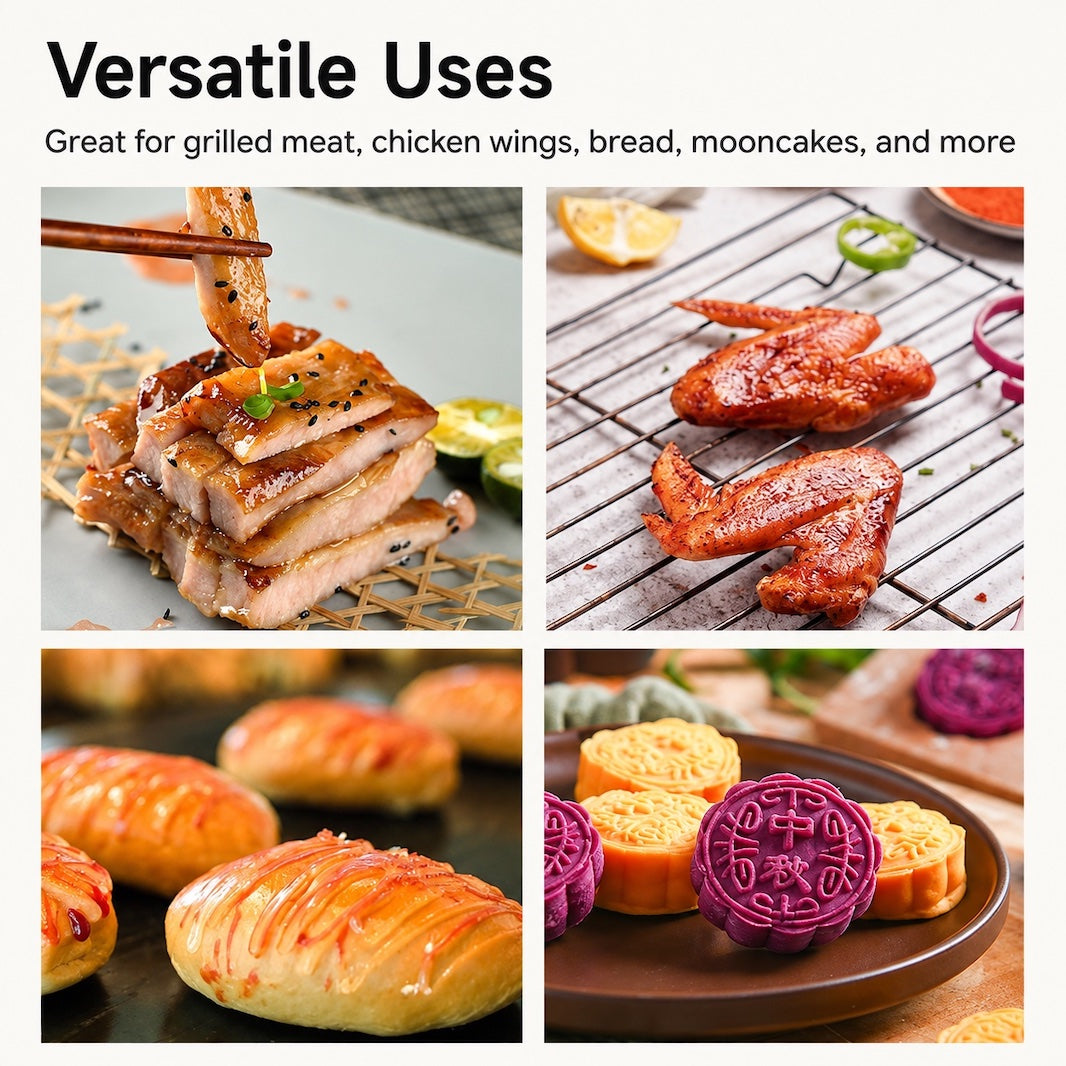 A 2x2 collage with the heading 'Versatile Uses' showing cooked food examples: sliced grilled meat on chopsticks, glazed chicken wings on a cooling rack, pastries on a baking surface, and colorful mooncakes on a plate. Text reads: 'Great for grilled meat, chicken wings, bread, mooncakes, and more.