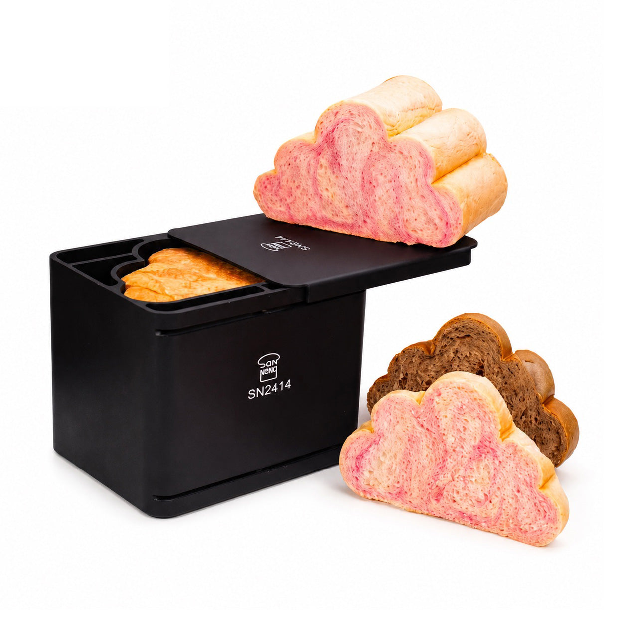 A black rectangular Sanneng bread box with a removable lid, shown on a white background with several slices of bread placed around it. The bread has pink, orange, and dark brown swirls.