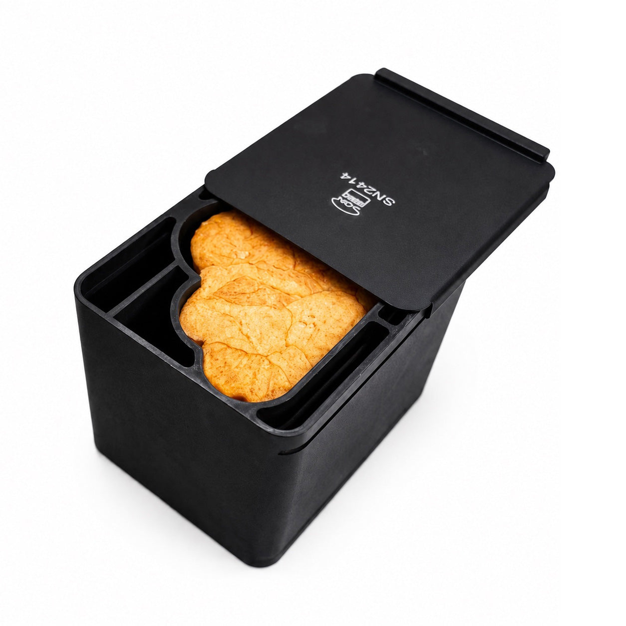 Black Sanneng bread toast box with a partially open lid, showing a baked golden-brown loaf inside, on a white background.