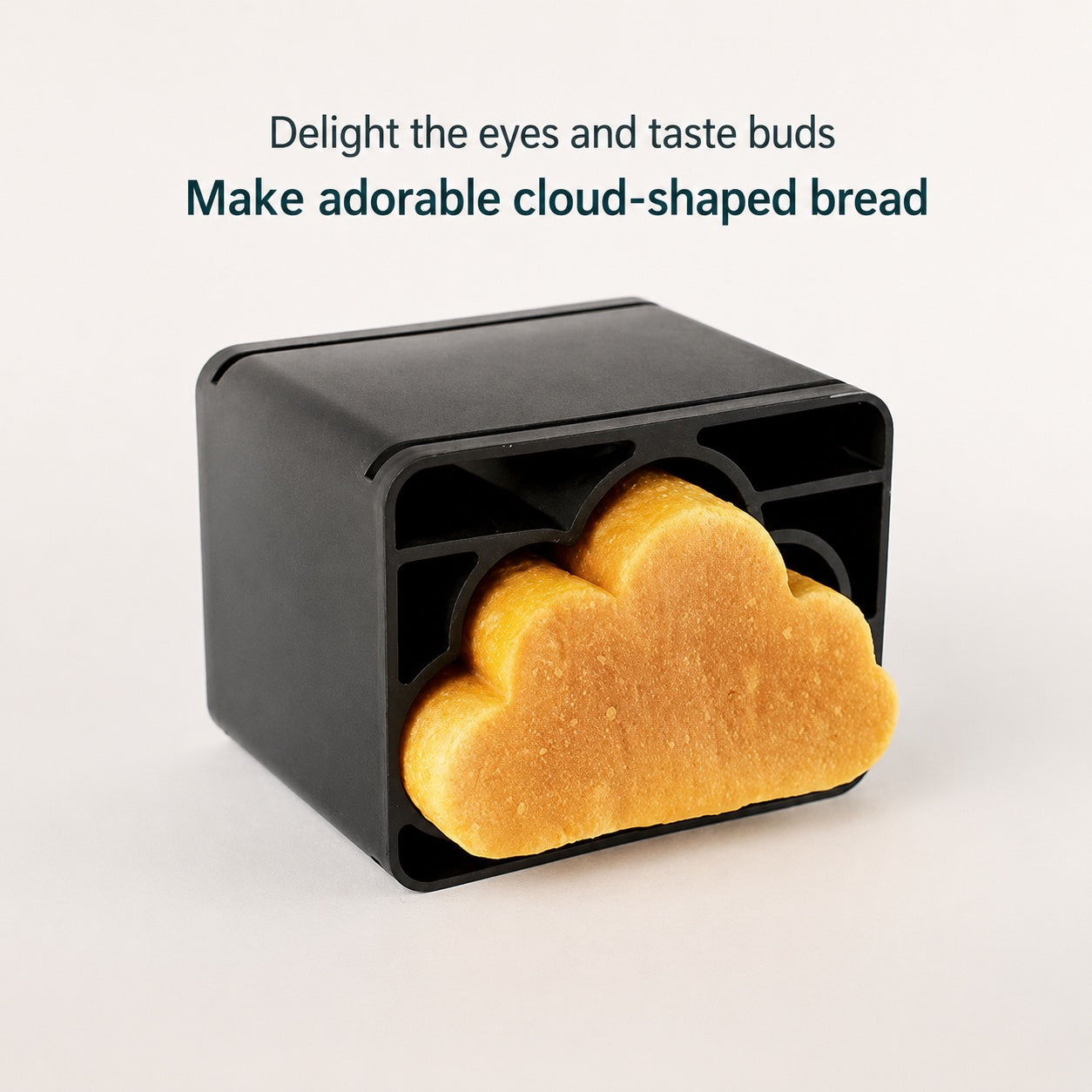 A black cloud-shaped Sanneng bread mold shown with a baked golden-brown cloud-shaped bread piece inside, on a light neutral background with promotional text at the top.