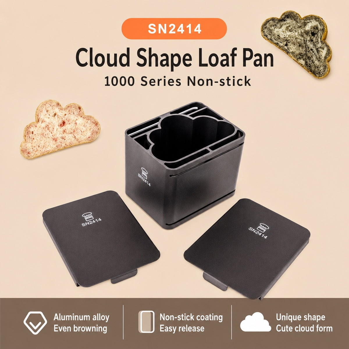 Black Sanneng non-stick cloud-shaped loaf pan set with two lids, shown on a beige background with bread slices and product text. The brand name SN2414 is visible on the pans.