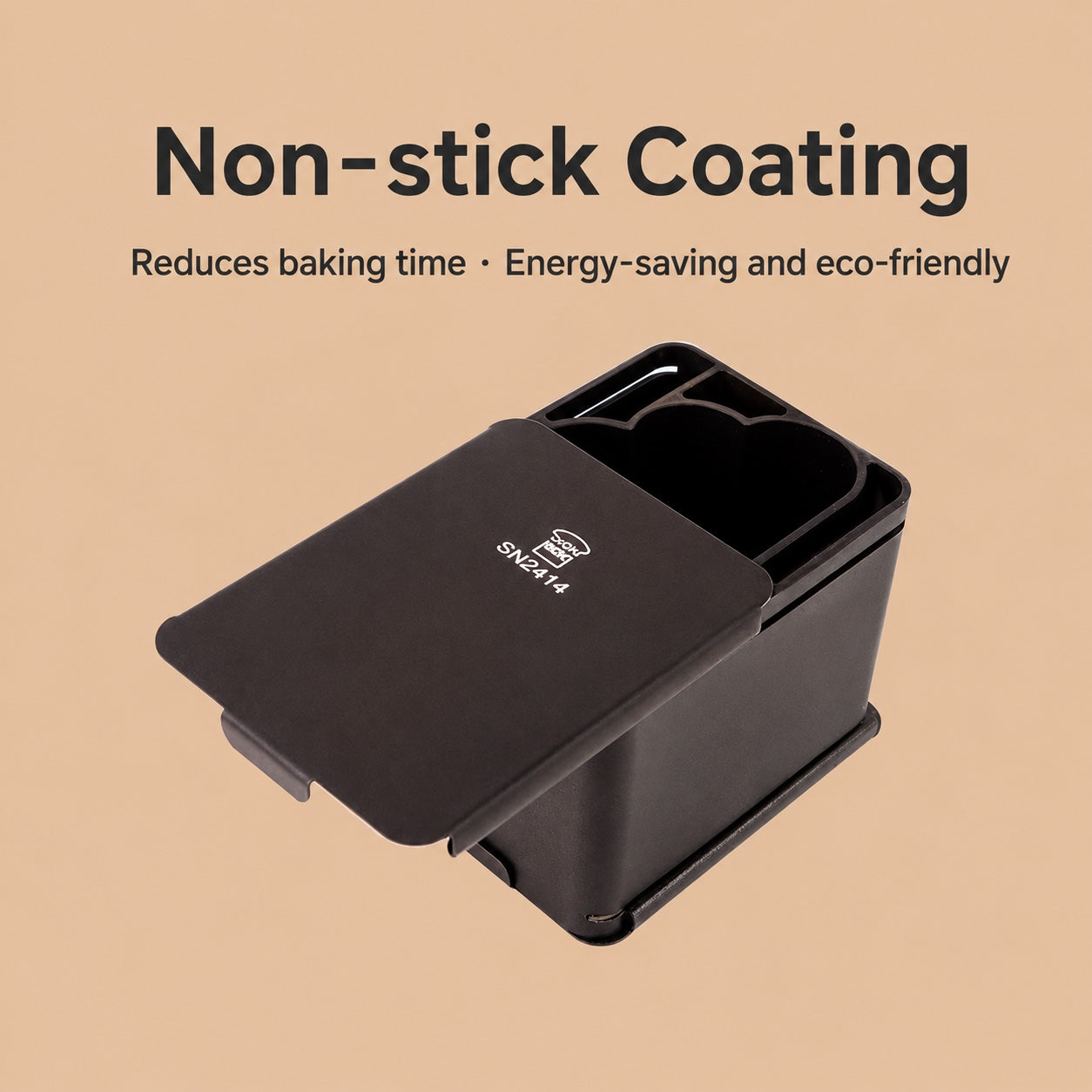 Sanneng black non-stick baking pan with its lid open, shown on a warm beige background with promotional text reading 'Non-stick Coating' and smaller copy about reducing baking time and being eco-friendly. The pan has a small white 'SN2414' mark on the lid.