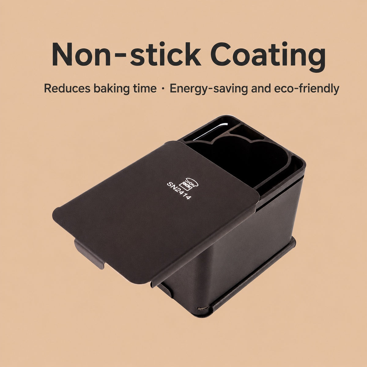 Sanneng black non-stick baking pan with its lid open, shown on a warm beige background with promotional text reading 'Non-stick Coating' and smaller copy about reducing baking time and being eco-friendly. The pan has a small white 'SN2414' mark on the lid.