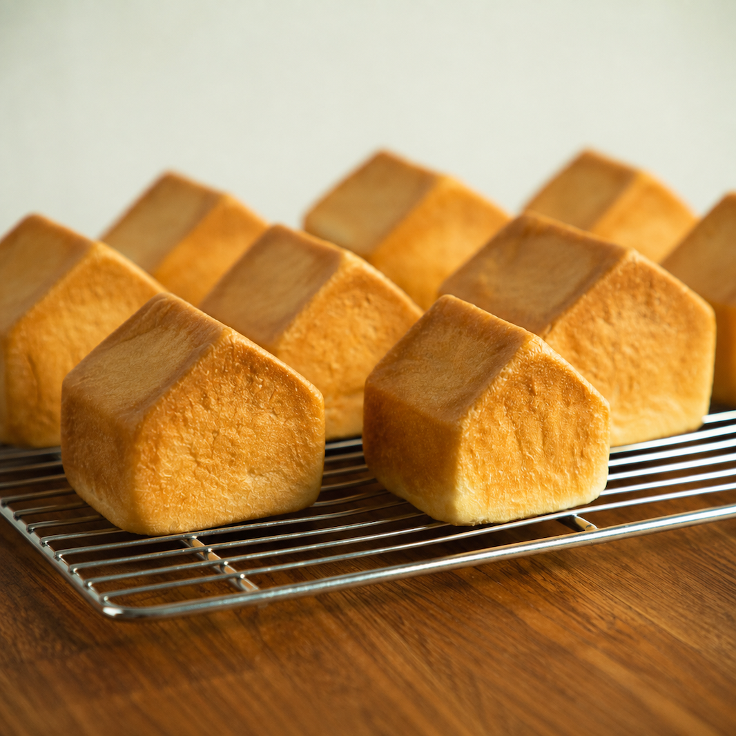 Several golden-brown house-shaped bread loaves made using the Sanneng house shape shokupan toast box pan cooling on a metal wire rack over a wooden surface.
