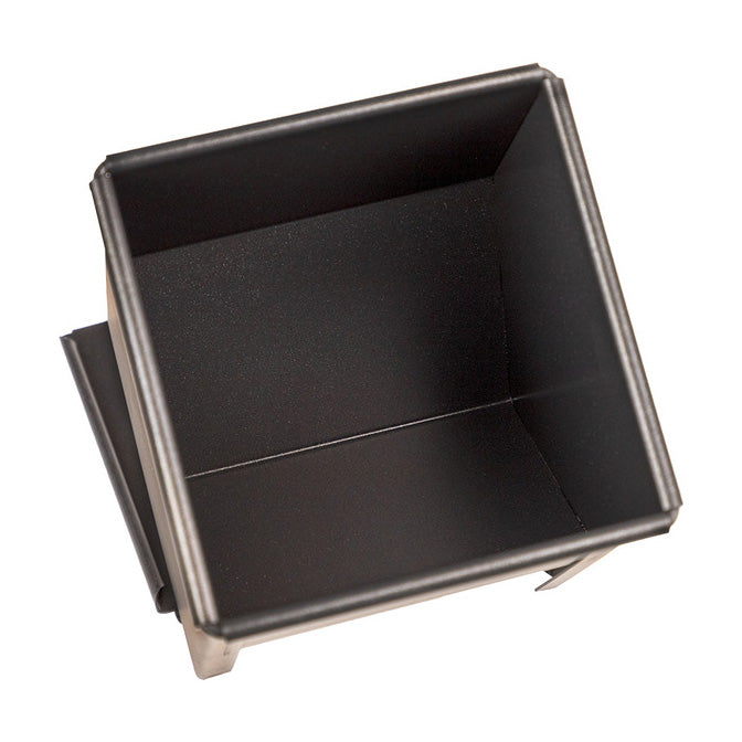 A square black metal Sanneng baking pan with a slightly raised rim and a small bottom support tab, shown on a plain white background.