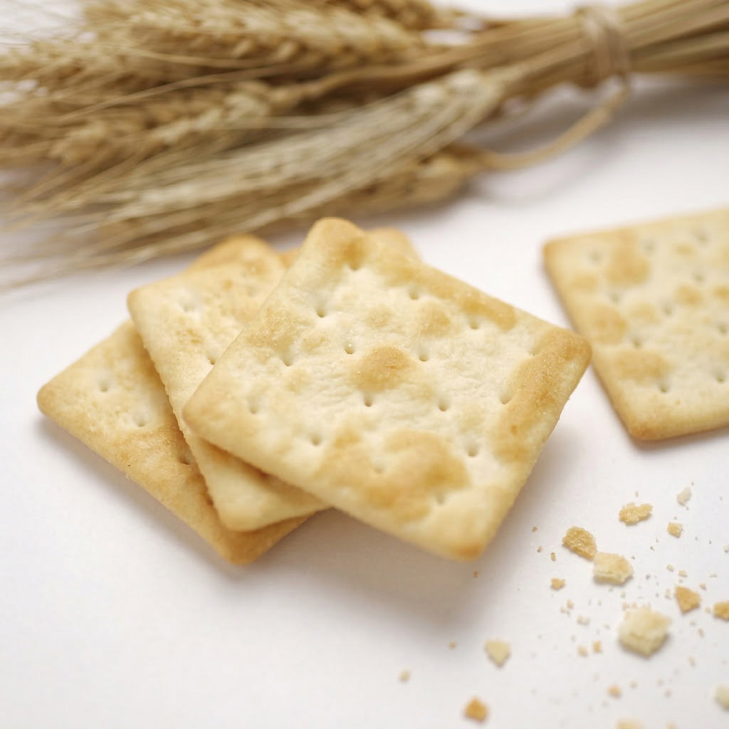 Crackers with wheat stalks on a light background