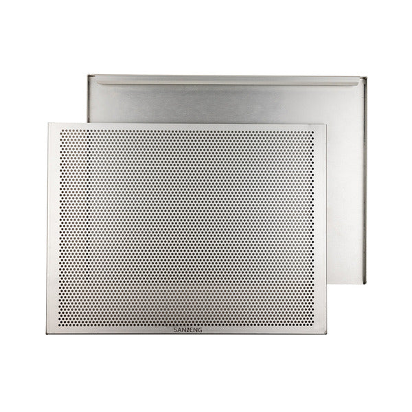 A Sanneng puff pastry baking tray set with a perforated pattern, shown in front of a matching brushed metal rectangular piece on a plain white background. SN1216
