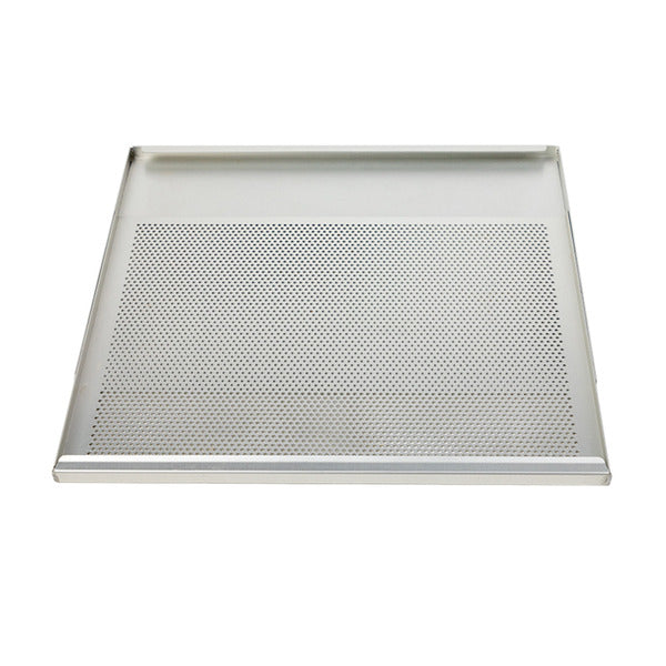 A square perforated metal tray with a brushed silver finish, shown from a top-down perspective on a solid white background.