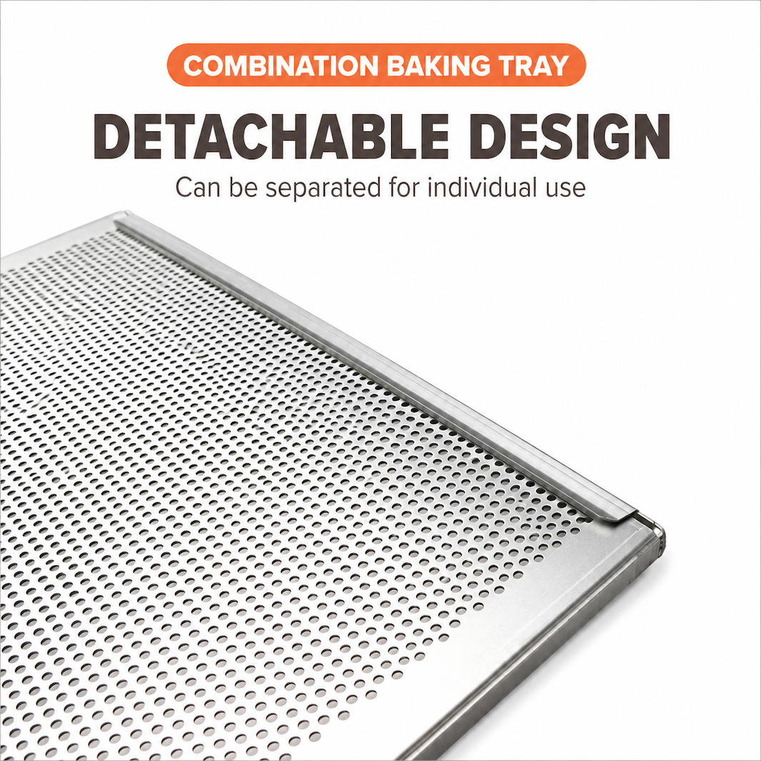 A perforated metal baking tray shown at an angle on a white background with promotional text reading 'COMBINATION BAKING TRAY', 'DETACHABLE DESIGN', and 'Can be separated for individual use'. Sanneng SN1216.