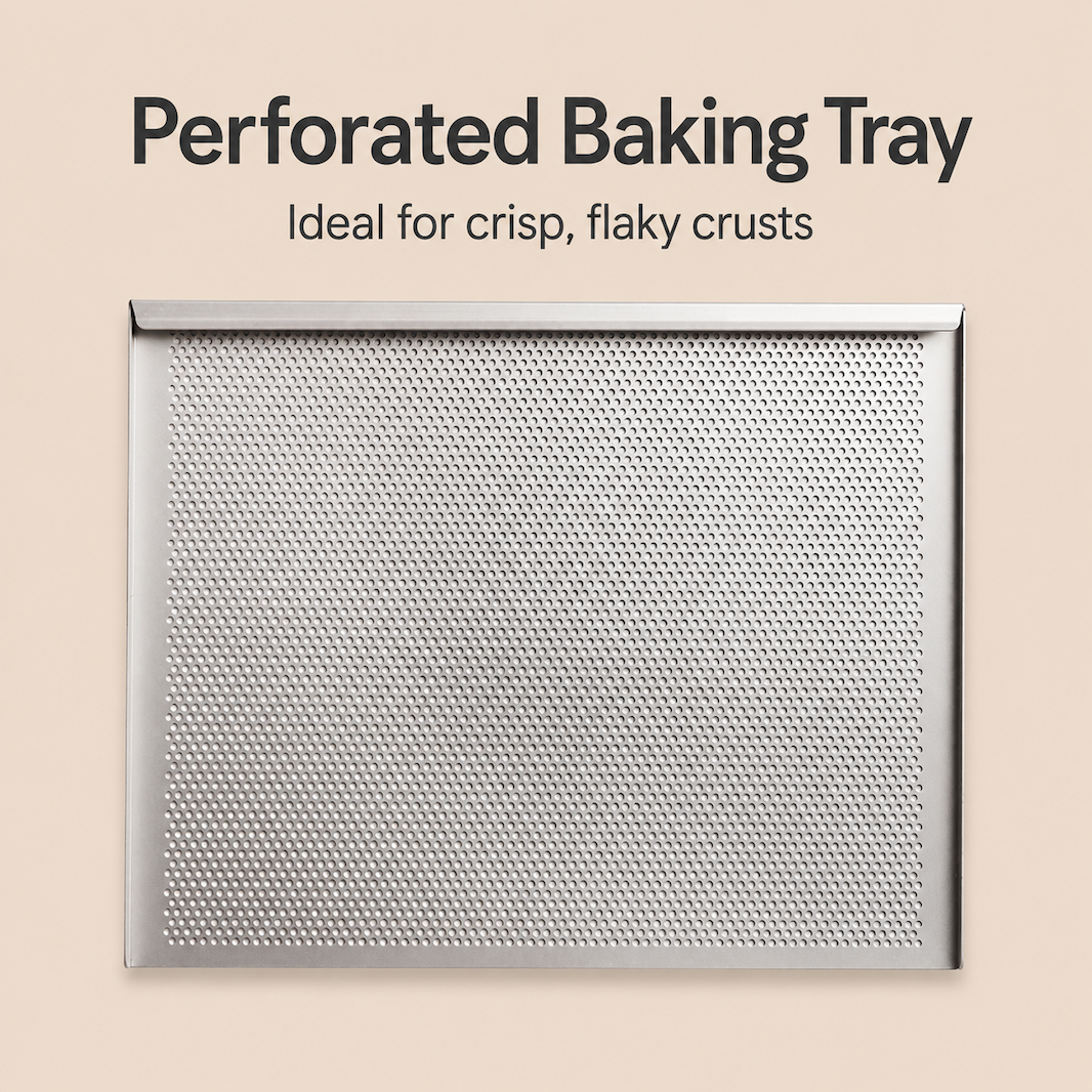 A rectangular Sanneng perforated metal baking tray with a silver metallic finish and raised border, shown on a warm beige background with the text 'Perforated Baking Tray' and 'Ideal for crisp, flaky crusts' above it.