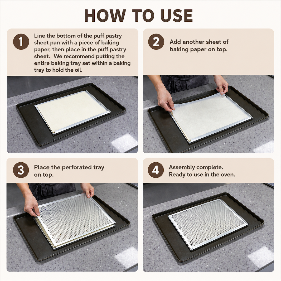 Instruction diagram showing four steps on a gray background with the heading 'HOW TO USE': lining a puff pastry sheet pan with baking paper, adding another sheet, placing the perforated tray on top, and noting that assembly is complete and ready for oven use.