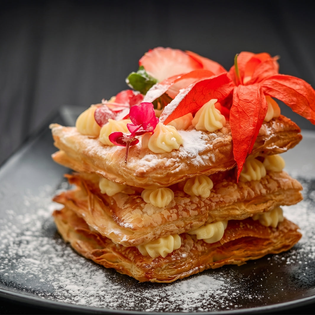 A close-up of a gourmet dessert stack featuring golden flaky pastry layers filled with cream, dusted with powdered sugar, and garnished with bright red flowers on a dark plate.