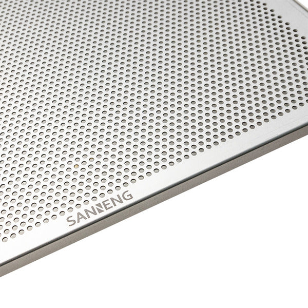 Close-up of a silver perforated metal panel with the SANNENG brand name engraved on the edge, set against a clean white background.