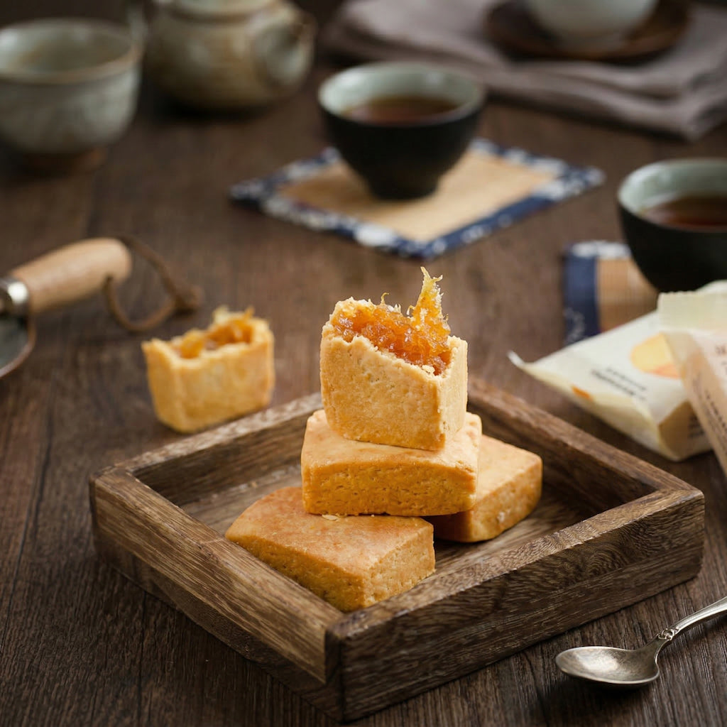 Stack of pineapple cake slices on a wooden tray with tea cups in the background