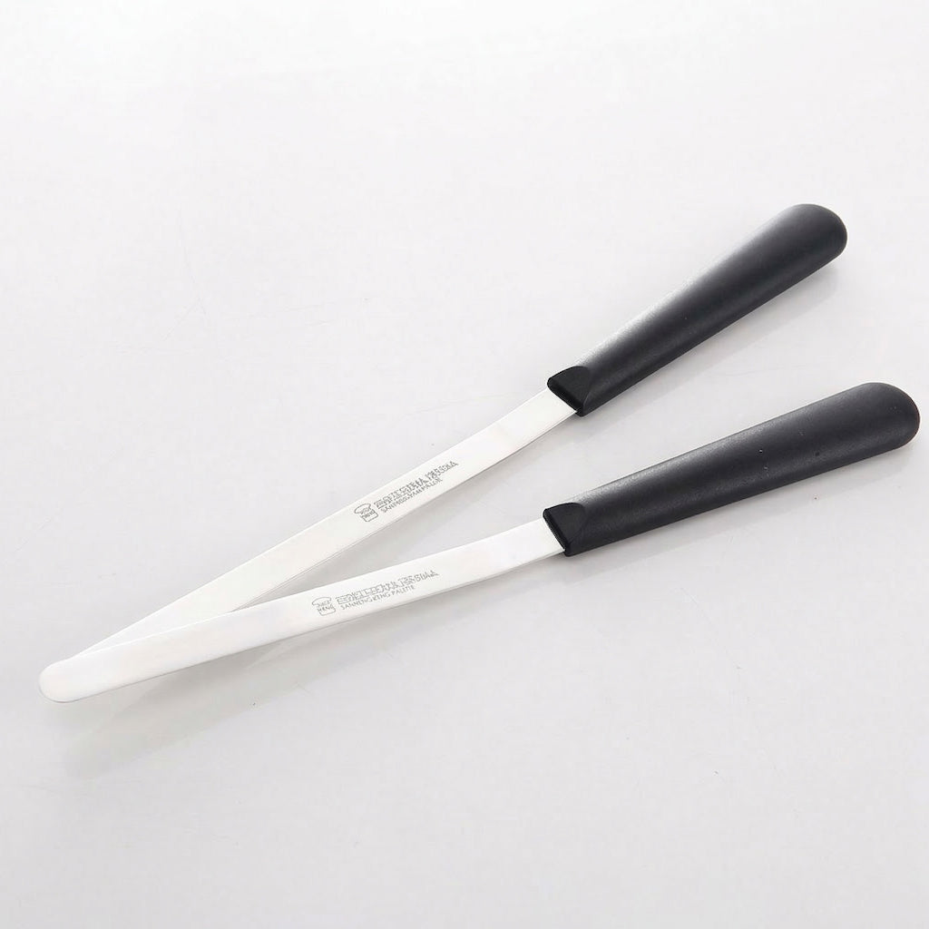 Two Sanneng stainless steel cake remover tools with plastic handler on a white background
