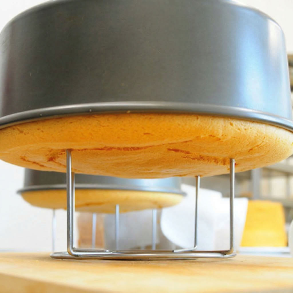 Round Sanneng cake pan with inverted cake cooling stand on a wooden surface