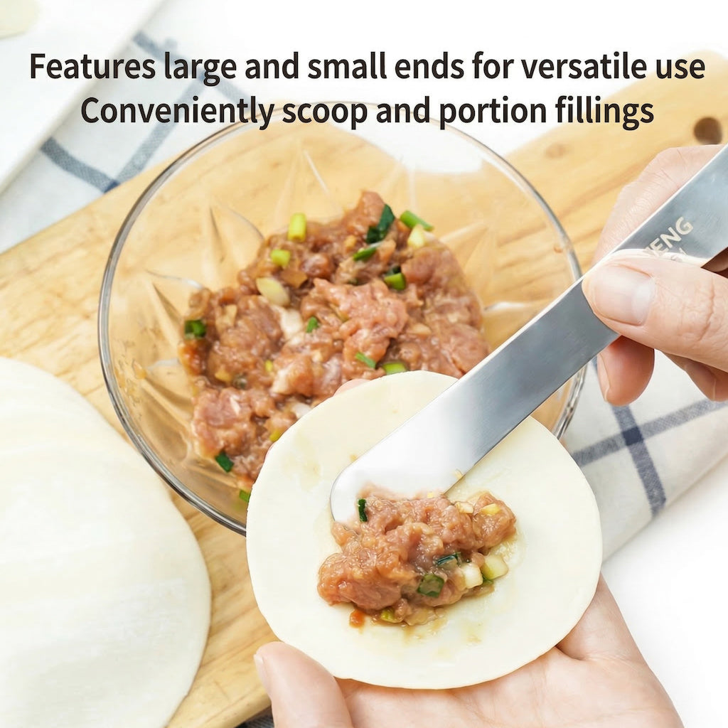 Sanneng SN4061 multi-purpose spatula scooping filling onto a dough circle with text about its versatility.