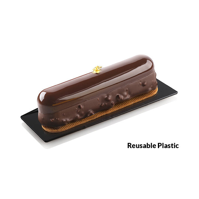 Chocolate dessert on a black plate with 'Reusable Plastic' text