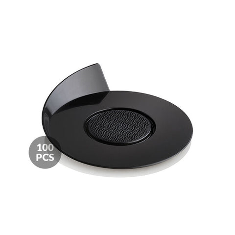 Black dessert tray with textured center on a white background