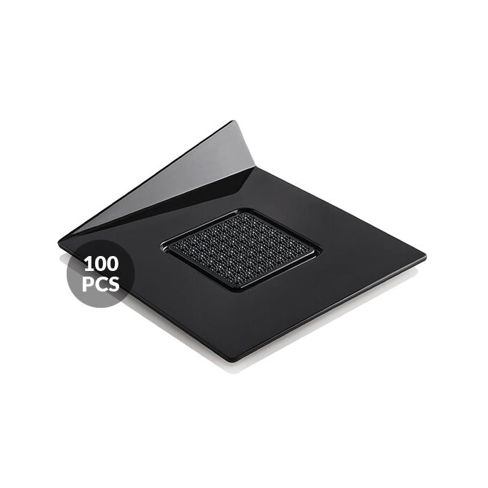 Black dessert tray with a grid pattern on a white background