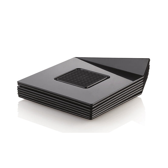 Stack of black square plates on a white background