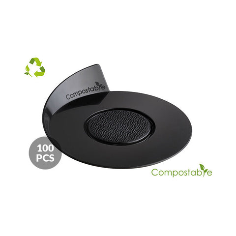 Black compostable product with 'Compostable' branding and recycling symbol on a white background