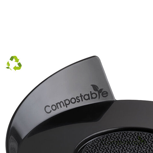 Black compostable product with 'Compostable' label on a white background
