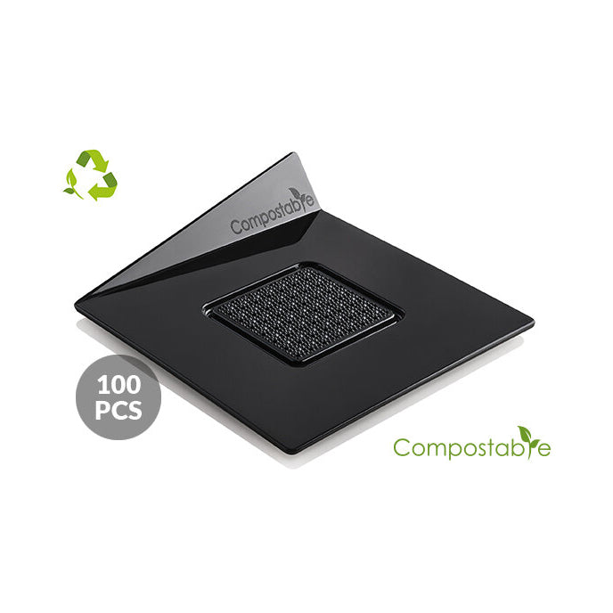 Black compostable product with 'Compostable' label on a white background