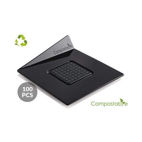 Black compostable product with 'Compostable' label on a white background