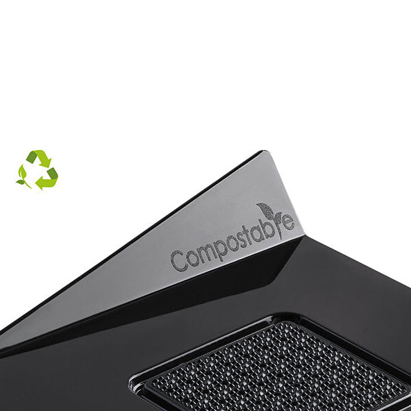 Black product with 'Compostable' branding and a recycling symbol on a white background