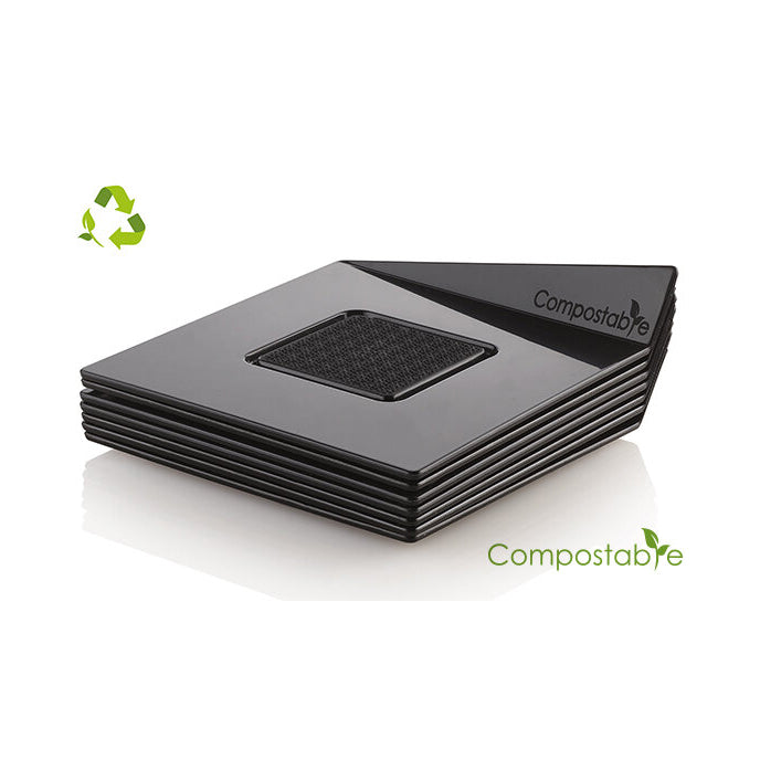 Stack of black compostable plates on a white background with 'Compostable' branding.