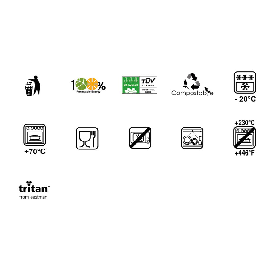 Collection of various icons and symbols on a white background, including temperature and sustainability icons.