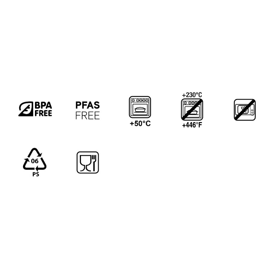 Set of icons indicating BPA-free, PFAS-free, temperature tolerance, and recycling information on a white background.