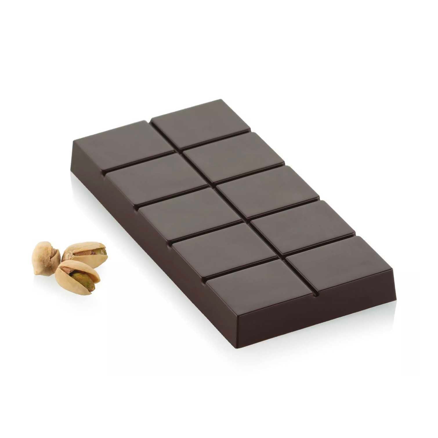 Dubai chocolate bar with a few pistachios on a white background