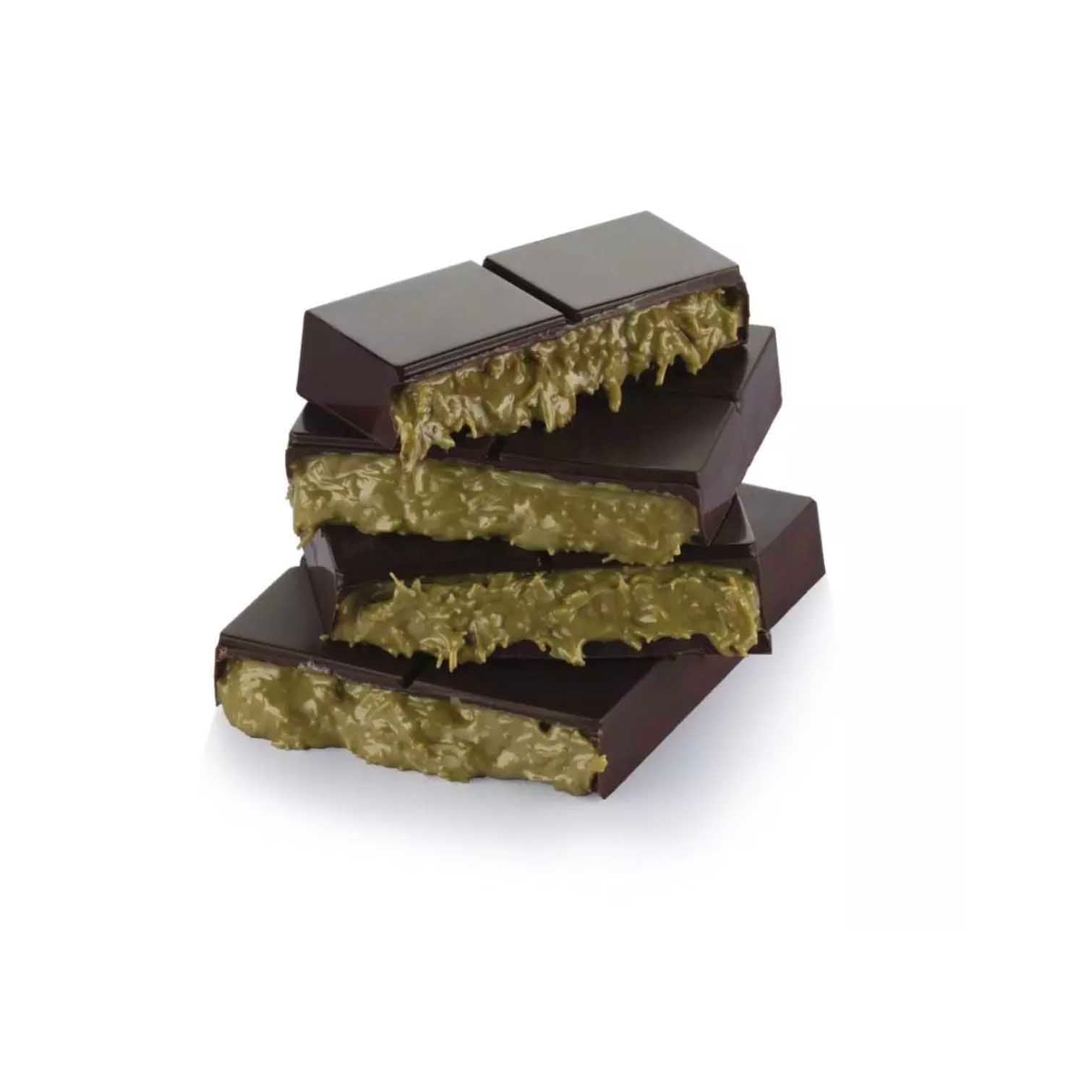 Stack of dubai chocolate bars with a pistachio filling on a white background