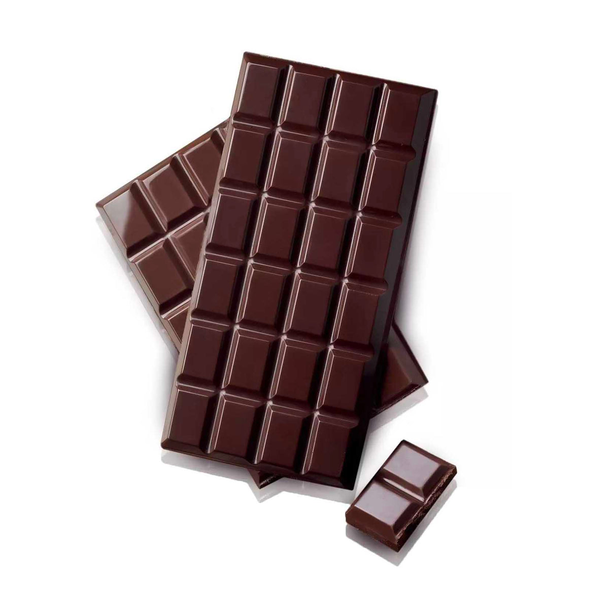 Dark classic chocolate bar with a piece broken off on a white background