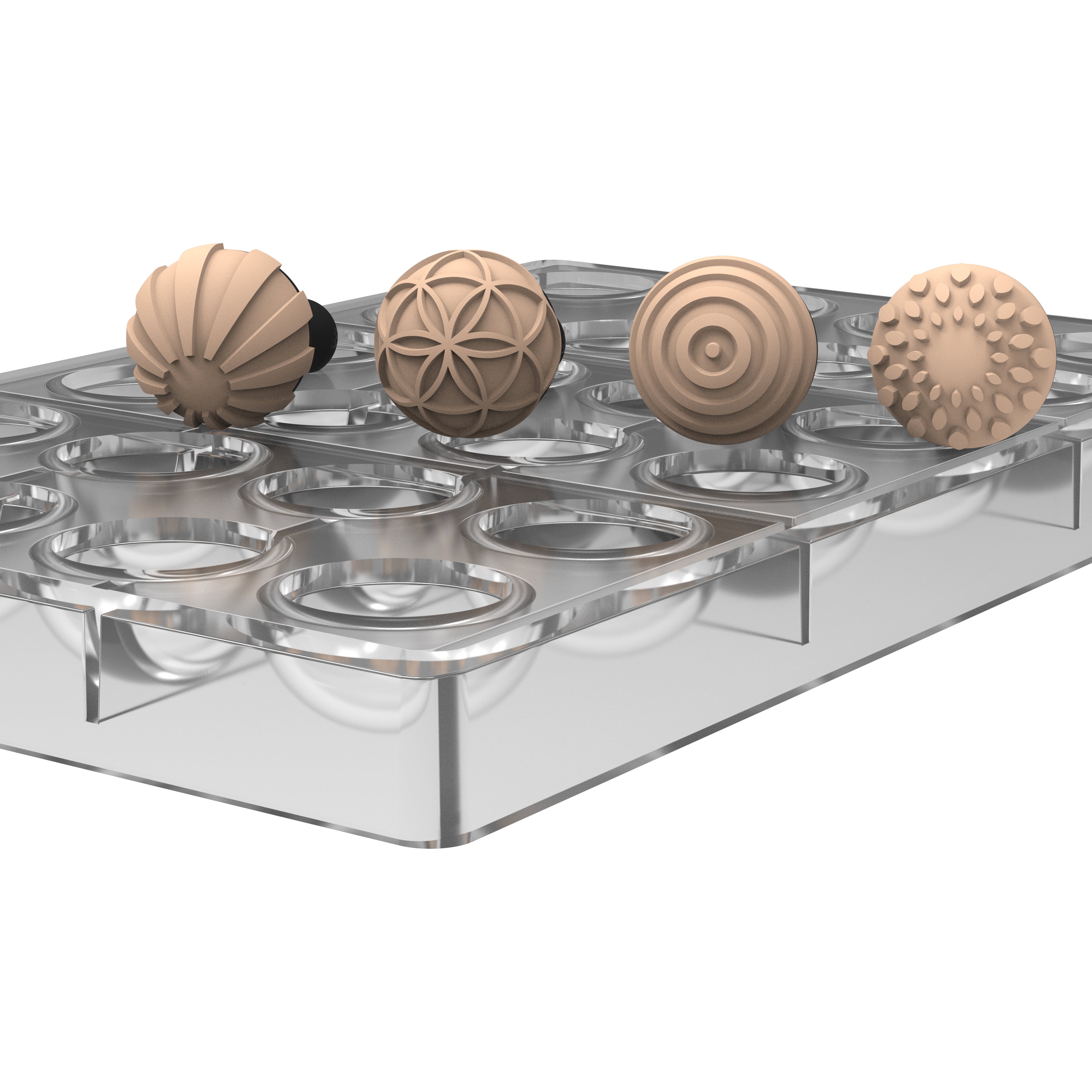 Mold with four spherical, textured silicone forms on a clear plastic tritan base.