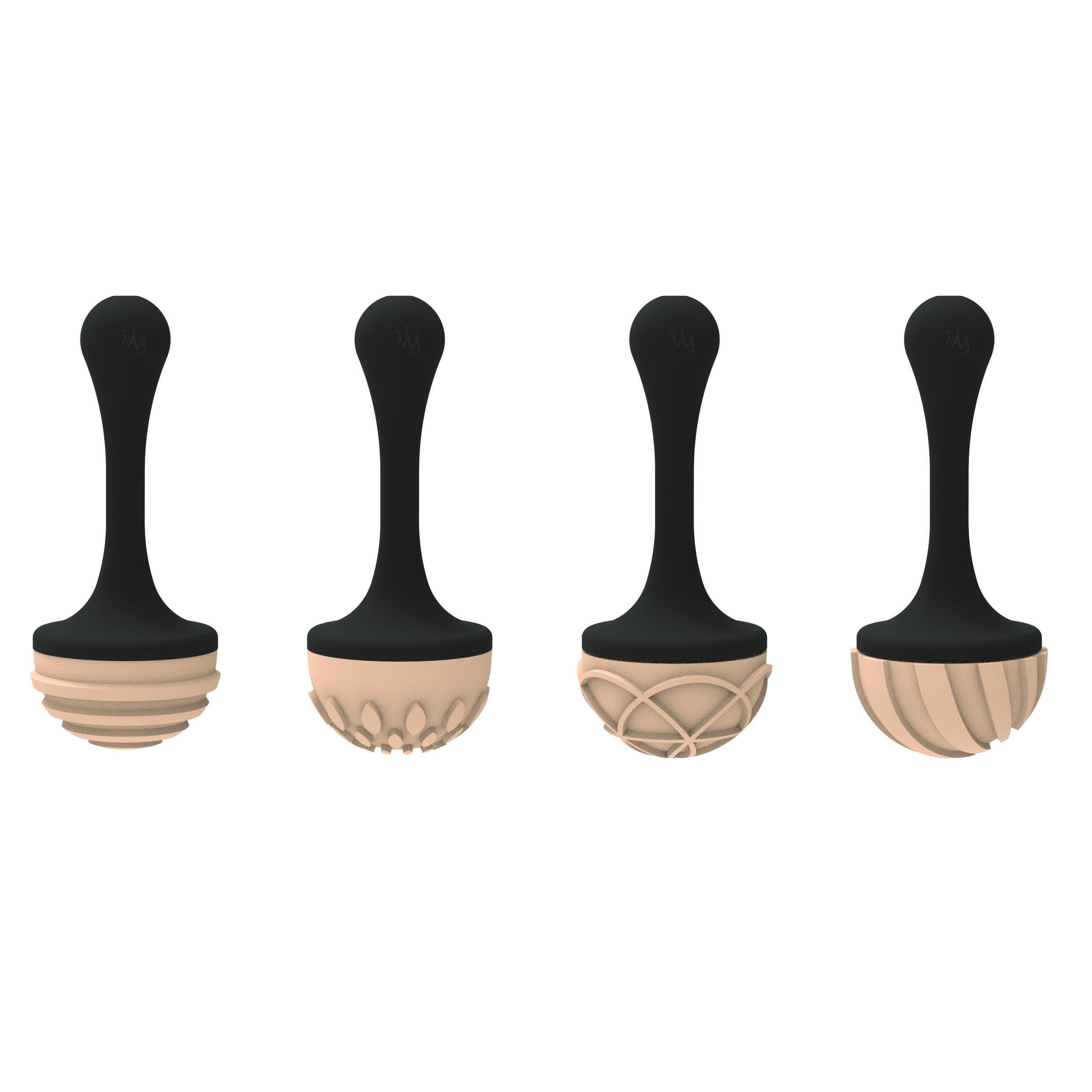 Four chocolate design stamps with black handles and beige stamp heads on a white background