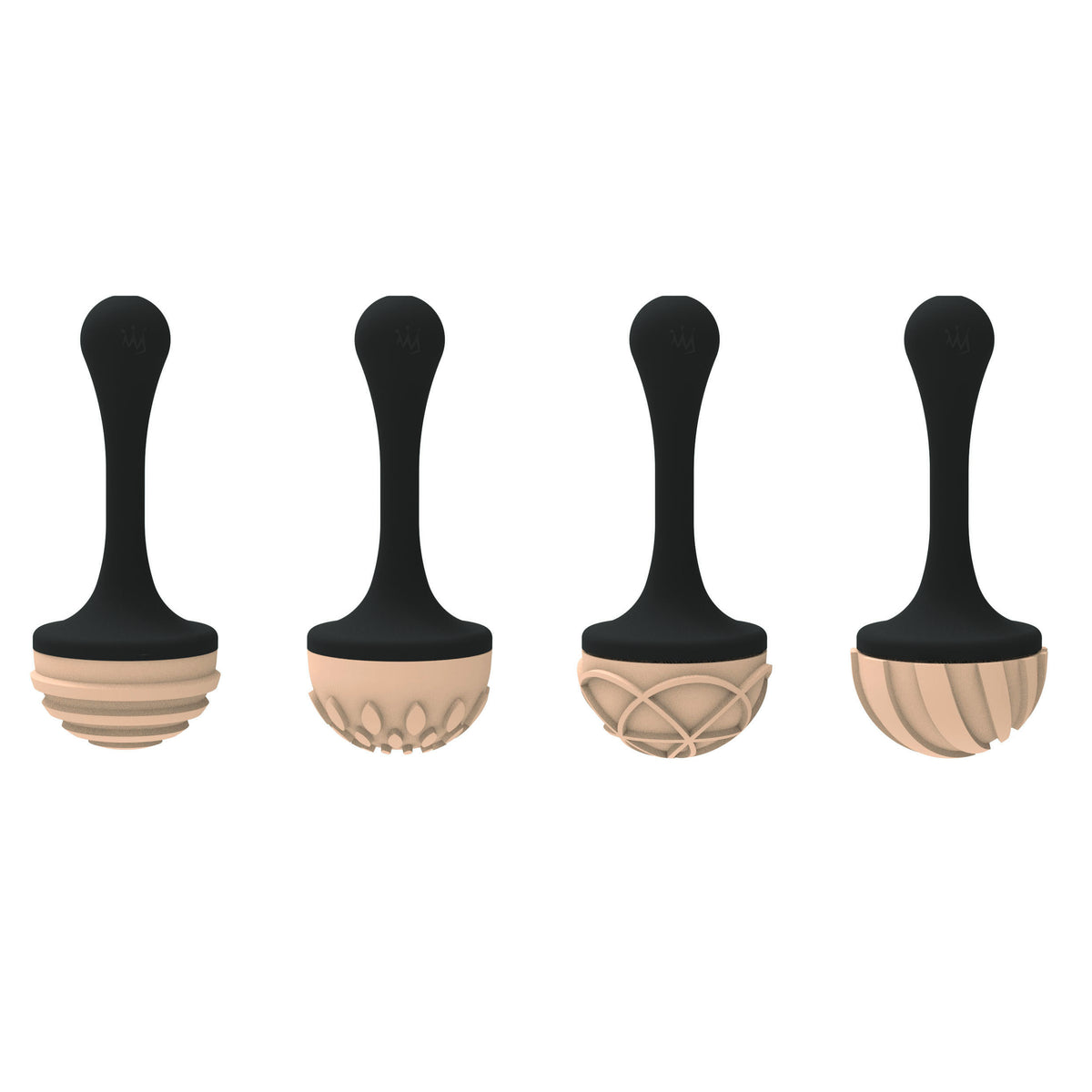 Four chocolate design stamps with black handles and beige stamp heads on a white background